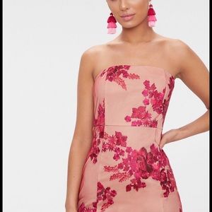 Fuchsia Bandeau Embroidered Lace Bodycon Dress